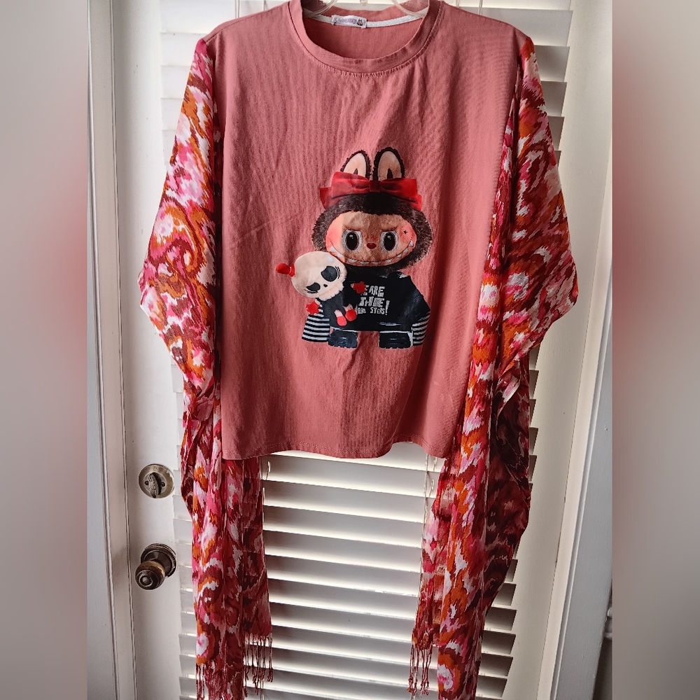2 For $65 Upcycled Labubu Graphic Tshirt Poncho